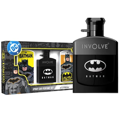 Image of Involve Your Senses Batman Car Perfume Spray with 3 Hanging Cards | DC OFFICIAL MERCHANDISE from Warner Bros | Strong Aquatic Notes - WBSPRO1-50ml | Car Freshener | batman car accessories