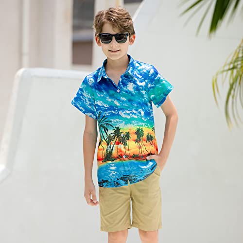 Little & Big Boys Hawaiian Button Down Shirts Size 9 10 Kids 3D Graphic Blue Hawaii Palm Tree Top Beach Cartoon Print Slim-Fit Short Sleeve Cool Dress T Shirt Summer Tropical Luau Shirt For Casual #TOP2