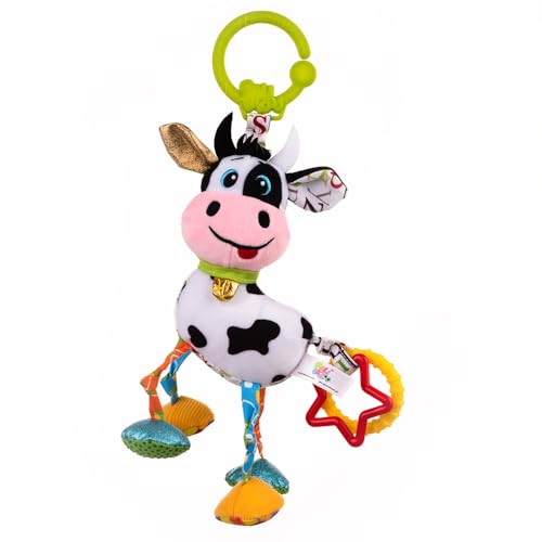 Image of Balibazoo Caesar The Cow Hanging Toy - Developmental Sensory Rattle for Babies 0-24 Months | Vibrating Pull, Crinkle Sounds, BPA-Free Teether | Clips to Stroller, Car Seat | Soft Plush Baby Toy