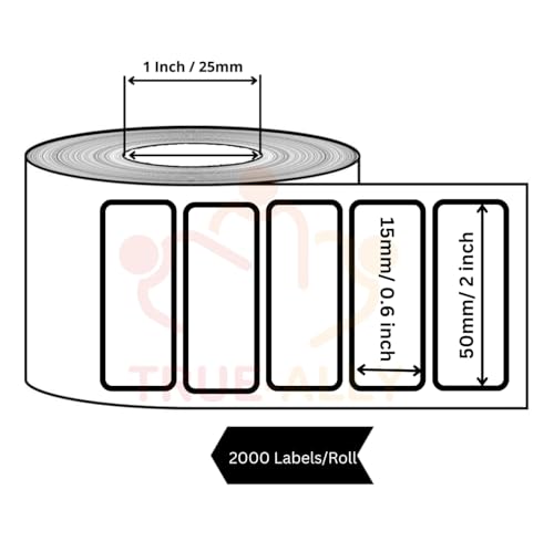 Image of True-Ally 50x15 Direct Thermal Barcode Label Sticker - 50mm x 15mm - 2000 Labels Per Roll - White Self Adhesive Sticker for Printing Barcoding (1 Roll per Pack (2000 Labels))