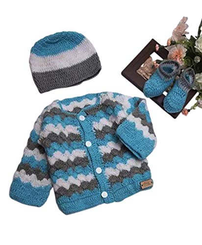 Hand Made 3 Piece Knitted Chevron Stripe Sweater Pink Grey & Blue Grey Baby Crochet Set- Newborn Toddler Wool Sweater Set (0-6 Month, Blue Grey White)