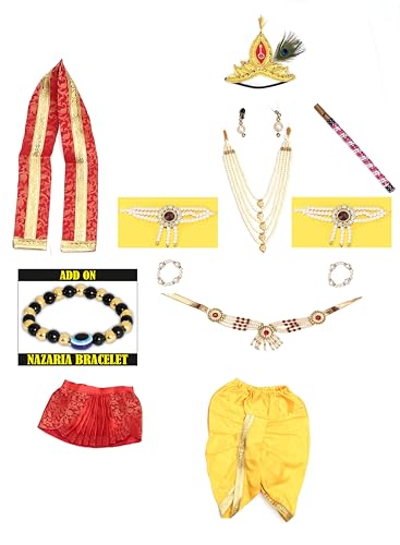 Image of Raj Fancy Dresses Shri Krishna Dress for Baby Boy & Girl, Janmashtmi Dress with Diaper-friendly Dhoti & Dupatta, Mor Pankh Mukut