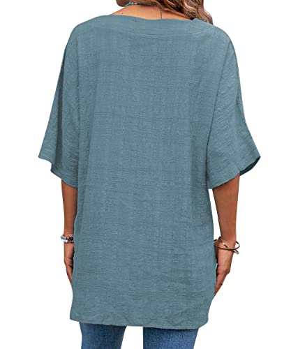 Lueluoye Womens V Neck Linen Shirts Short Sleeve Natural Cotton Blouse Summer Loose Fit Casual Tunic Tops #TOP3