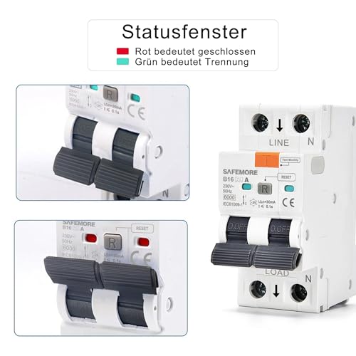 SAFEMORE FI/LS-Schalter RCBO, 1P+N, 16A 30mA, Typ A - Fehlerstromschutzschalter mit Überlast- und Kurzschlussschutz, 6kA, Kurve B, Hutschienenmontage