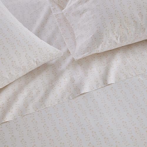 Image of Martha Stewart - Twin Size Sheets Set, Crisp & Tailored Cooling Sheets w /a Naturally Smooth Cotton Percale Lightweight Feel - Bed Sheets with Matching Pillowcase & Fitted Sheet (Ditsy Vine Pink)