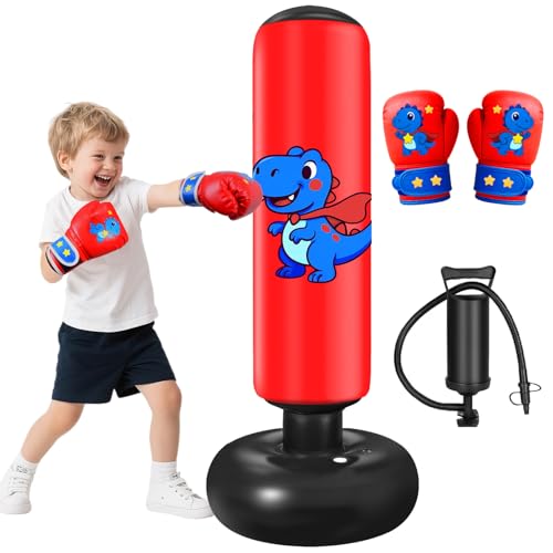 Poste de boxeo inflable de 30 filamentos, 120 cm, tamaño infantil, patrón de dinosaurio azul, guantes de boxeo rojos, bomba de aire negra, embalaje de caja de papel kraft