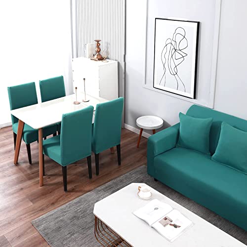 Image of HOKIPO 140 GSM Stretchable 5 Seater Sofa Cover, Dark Cyan (NEW-AR-4277-E7*2 + AR-4279-E7)