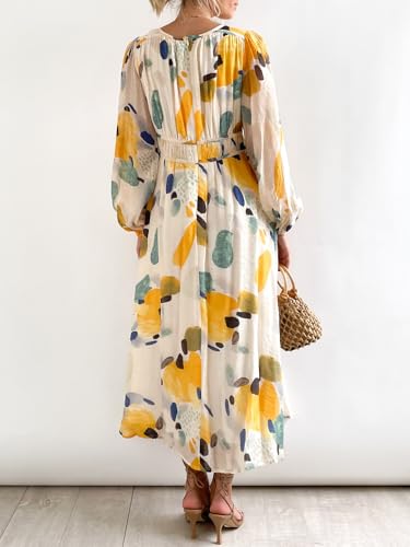Image of Sissyaki Womens Long Sleeve Summer Maxi Dress 2026 Floral Dress Spring Wedding Guest Dress Yellow-Watercolour L