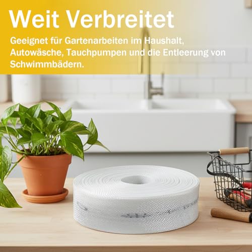 PEEXTBB Gewebeschlauch, 20 m Ø 32mm Flachschlauch, 1 1/5 Zoll Tragbar Gewebeschlauchset mit Schlauchschelle, Ablaufschlauch Klapprolle, für Tauchpumpen und Schwimmbecken, Weiß