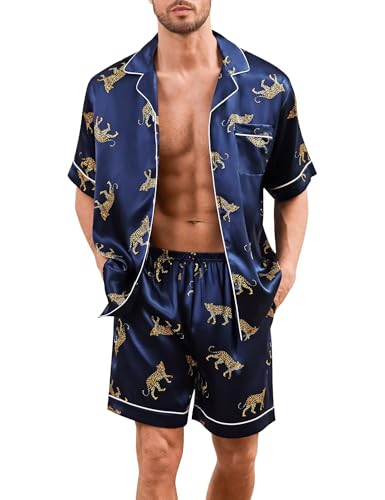 SWOMOG Men Silk Pajama Set Short Sleeve Satin PJs Sets 2 Piece Button Down Sleepwear Soft Summer Loungewear with Pockets