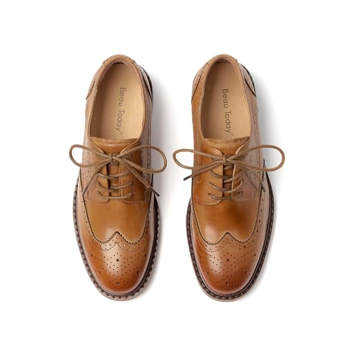 Image of BEAU TODAY Oxford Shoes for Women,Leather Brogue Dress Shoes,Comfort Brethable Ladies Lace-up Handmade Wingtip Shoes for Business Work