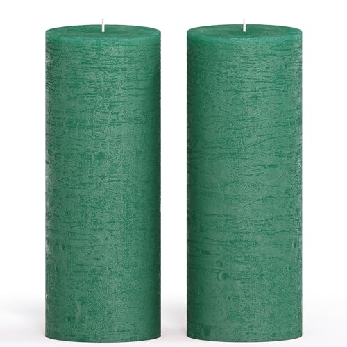 CANDWAX 3x8 Pillar Candle Set of 2 - Decorative Rustic Candles Unscented and No Drip Candles - Ideal as Wedding Candles or Large Candles for Home Interior - Green Candles