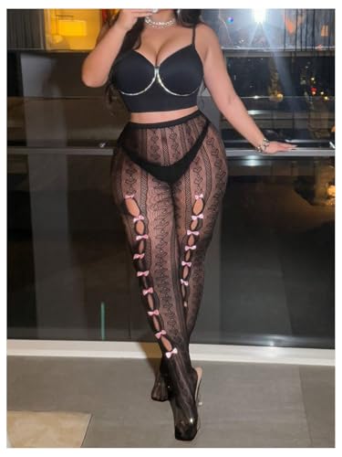 Women's Plus Size Sexy Tights Y2K Bow Mesh Sheer Tights Heart Cut Out Stockings Pantyhose4