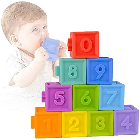 Richgv Baby Soft Building Blocks, Stackable Cubes Toys, Teethers Toy. Early Educational Sensory Toys for Newborn. Squeeze Play with Numbers Animals Shapes Textures. First Gift for 6-36months (10pcs) Cover