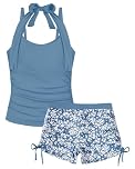Girls Swimming Costume Padded Bras 7-15 Years, Two Piece Drawstring Halterneck Girls Tankini Swimsuit with Boy Shorts Kids Bathing Suit, Grey Blue Trees 13-14 Years