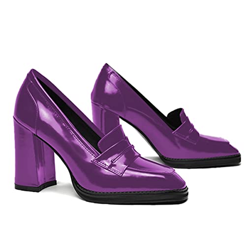 Image of FOWT Dressy High Block Heels Loafers for Women Classical Square Toe Pumps Comfortable Slip On Walking Shoes School Uniform Goth Oxfords US Size 4-16 M