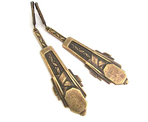 Art Deco Long Antiqued Brass Earrings Dark Ornate Boho Bohemian Pierced Chandelier Design