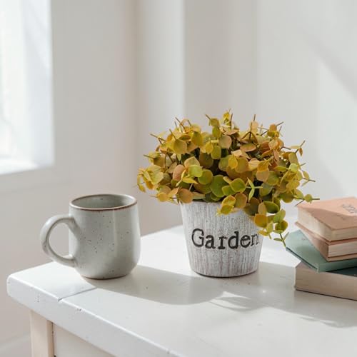 Image of Garden Art Artificial Coin Leaf Eucalyptus Bush in inchGarden inch Planter - Decorative Faux Plant for Desk, Shelf, Table & Office Decoration | Realistic Greenery Home Decor Plant (P-0226Golden)
