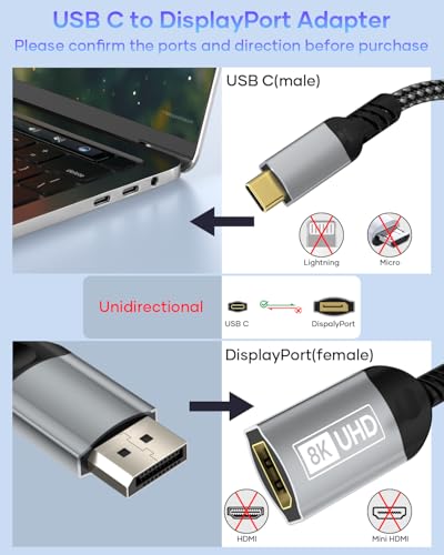 Nersligek USB C auf DisplayPort Adapter, 8K Typ-C Stecker auf DisplayPort 1.4 Buchse, 8K@60Hz, 4K@144Hz… – Ansicht 3