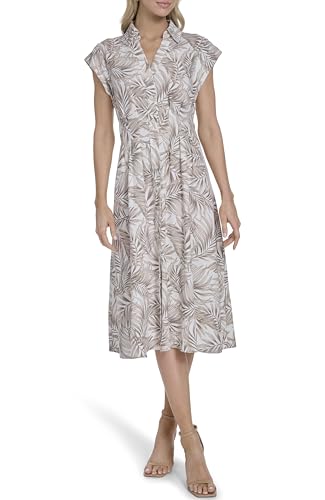 Image of Tommy Hilfiger Women's Cap Sleeve Collared Waist Pleating A-Line Midi Shirt Dress