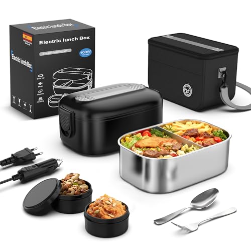 Wlikeit Fiambrera Electrica, 100 W Fiambreras Comida Trabajo, 1,5 L 3 En 1 Taper Electrico para Comida, 12 V/24 V/220 V Calentador de Comida Termica para Coche, Camión, Oficina, Negro