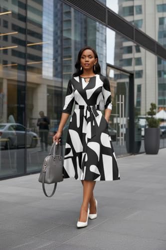 Image of CLOCOR Midi Dresses for Women Casual A-Line Fit and Flare Dress Crewneck 3 /4 Sleeve Keyhole Cocktail Party Church Dress