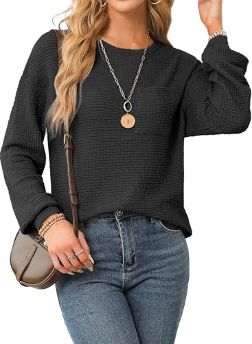 Image of Dokotoo Womens Waffle Knit Tops 2026 Oversized Long Sleeve Crewneck Shirts Business Casual Blouses Basic Shirts