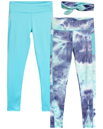 dELiAs Girls  Active Leggings - 2 Pack Performance Leggings with Headband, Size 14 16, Blue Tie-Dye Teal