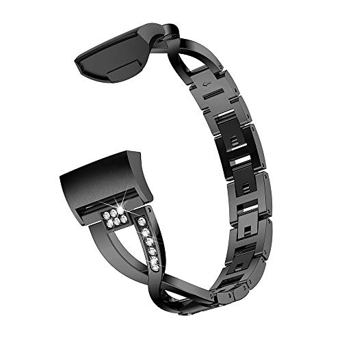 Preisvergleich Produktbild LUONE Kettenuhrenarmband, X-förmigen Metallersatz Armband Kompatibel mit Fitbit CHARGE3 / Charge4 Uhrenarmband mit Strass-UhrWristband,Schwarz
