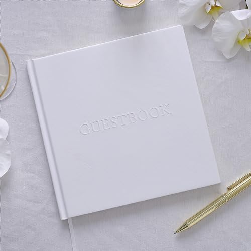Ginger Ray White Embossed Wedding Guest Book with 32 Gold-Edged Pages Ribbon Bookmark