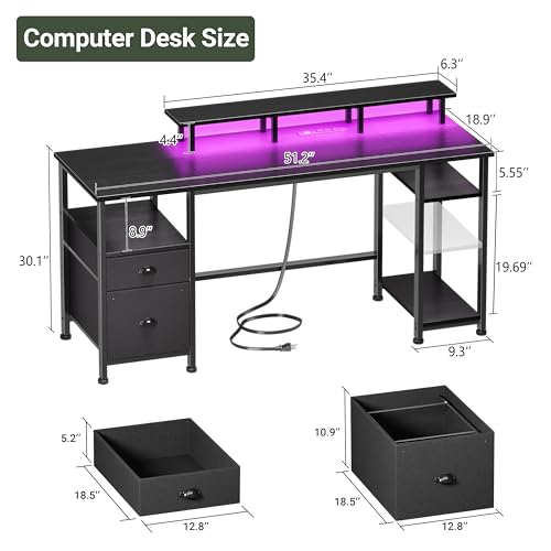 Image of Furologee 51 inch Gaming Desk with Power Outlets & LED Lights, Reversible Computer Desk with File Cabinet & Monitor Stand for Home Office, Large Work Table with Storage Shelves & Drawer, Black