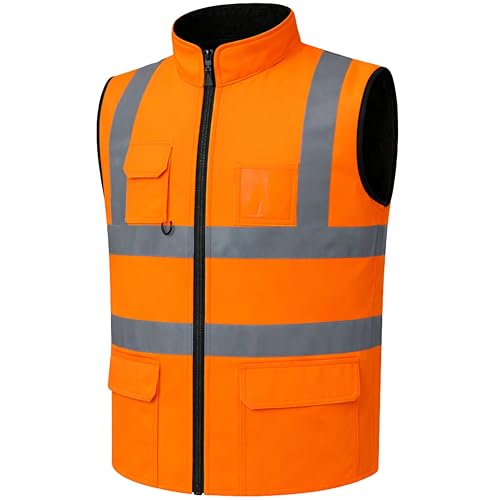 GM WORKWEAR Hi-Vis Reversible Waterproof Fleece Bodywarmer Gilet Waistcoat – High Visibility Safety Vest – Orange/Navy, Yellow/Navy, Orange/Yellow – S to 4XL