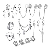 CJIAYUJEW 16PCS Chain Rings for Girls,Gothic Punk Chain Finger Ring Set for Women Men,Vintage Silver