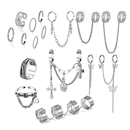 Cjiayujew 16Pcs Chain Rings For Girls,Gothic Punk Chain Finger Ring Set For Women Men,Vintage Silver Emo Rings Cross Butterfly Knuckle Ring #TOP6