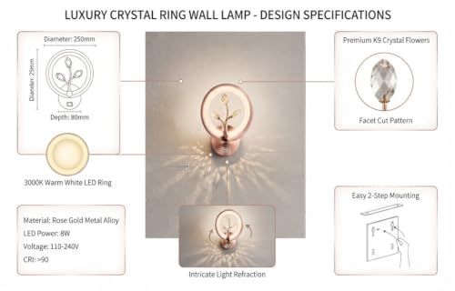 Image of Modern LED Wall Light 8806, 3 Color Changing Rose Gold Decorative Wall Lamp for Living Room, Bedroom & Hallway | Crystal Design Indoor Wall Sconce with Warm White, Neutral White & Cool White Lighting