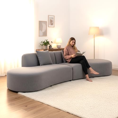 Image of Container Furniture Direct Belmont 132 inch Curved Sofa with Throw Pillows, 6 Seater Luxury Velvet Couch with Half Moon Design and High-Density Foam, Ideal for Modern Living Room, Office & Apartment, Grey