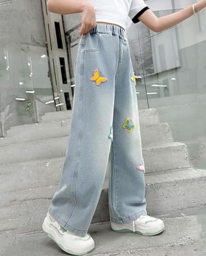 Girl’s Baggy Cute Jeans Elastic Waist Y2K Butterfly Embroidered Wide Leg Pull On Denim Pants for Kids3