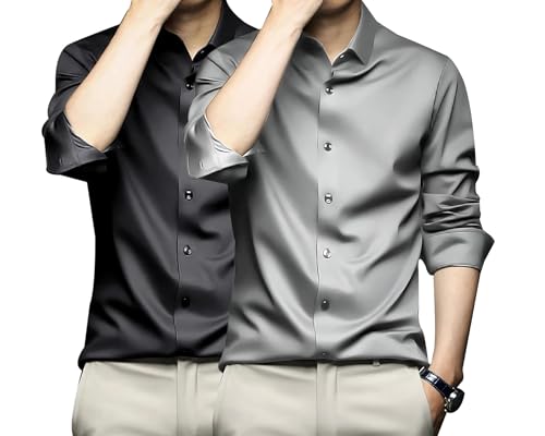 Image of DEELMO Combo of Men's Stylish Solid Satin Casual Shirt for Men Full Sleeves| Poly Satin Silk Shirt Pack of 2