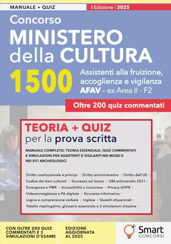 Concorso Ministero della Cultura – 1500 Assistenti alla fruizione, accoglienza e vigilanza (AFAV): Manuale completo per la prova scritta: teoria essenziale, quiz commentati e simulazioni