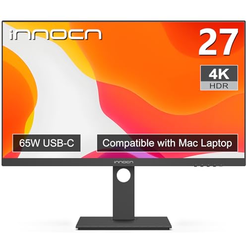 INNOCN 27 Inch 4K Monitor 3840 x 2160 LCD IPS Display, HDR400, USB C 65W, DP, HDMI, PC Monitor for Mac Laptop, 1.07B+ Colors, Built-in Speakers, Pivot/Height Adjustable Stand, Black
