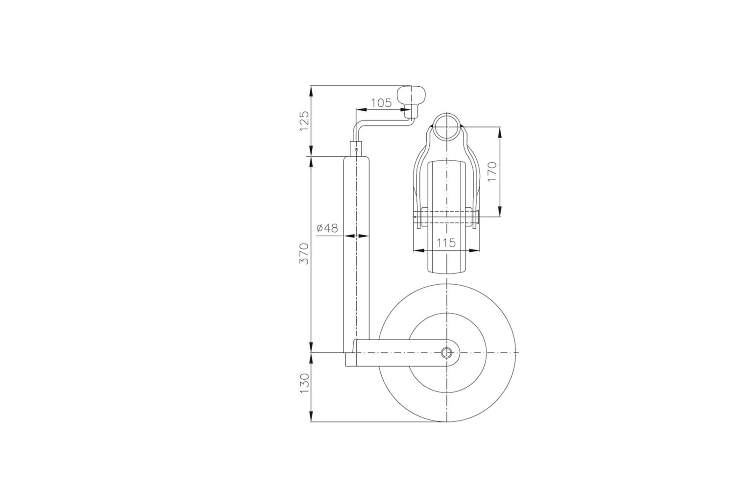 Winterhoff Set di ruote di supporto da 48 mm, 150 kg, con morsetto in ghisa | Ruota di supporto in acciaio zincato a caldo con pneumatici da 260 x 85 mm. Ideale per manovrare rimorchi e roulotte.