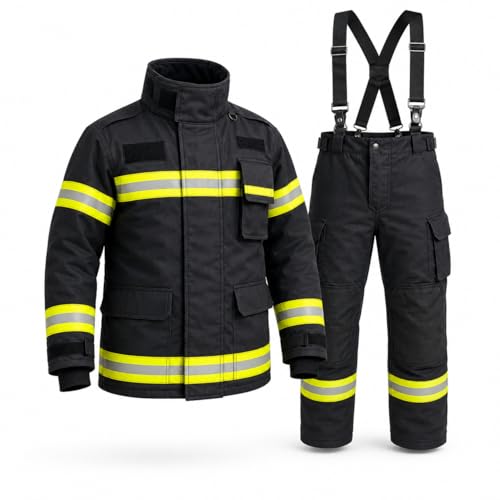 SafeGuardian Firefighter Turnout Gear Set, Fire Suit Jacket and Pants with Suspenders Bunker Gear, Khaki or Black Sizes S-5XL (Black, XL)
