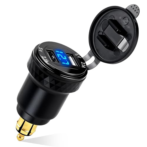 Chargeur Prise Allume Cigare USB Rapide with LED Voltmeter, Waterproof Chargeur de Voiture Dual QC 3.0 USB Din Socket Adaptateur pour Motos 12V/24V BMW Motorcycles