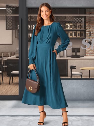 Image of Seta T Women's Fall Dress Frilled Long Sleeve A-Line Casual Midi Dresses