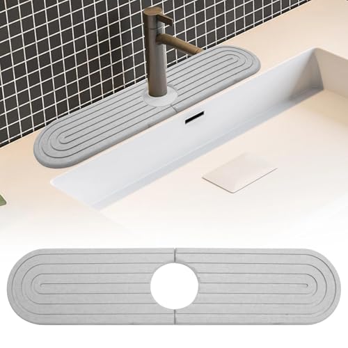 DAWRIS Faucet Mat for Kitchen Sink Kitchen Sink Splash Guard Diatomite Quick Drying Stone Tray for Kitchen Sink Protector Splash Guard for Kitchen Bathroom Counter, Included Sand Paper, Grey 40*10cm