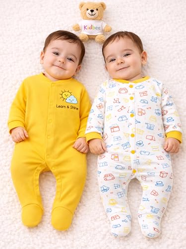 Image of Kidbee Baby Cotton Romper Pack of 2 | 100% Soft Cotton Hosiery | Front Open Snap Buttons | Full Sleeve Footed Sleepsuit | Newborn Baby Clothing Set