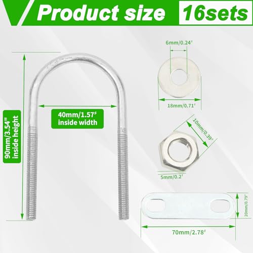 Image of 16 Sets Round U Bolts 1.57 inch(40mm) Inner Width 90mm Length Zinc Plated Steel M6 with Nut, Plate, Washer