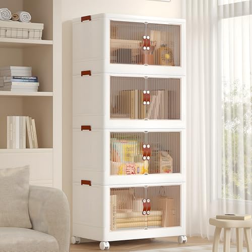 VECELO 20 Gal Stackable Storage Bins with Lid, 4 Pack Plastic Collapsible Storage Cabinet, Foldable Folding Box Organizer/Storage Container Cart with Wheel and Door for Home Office, White