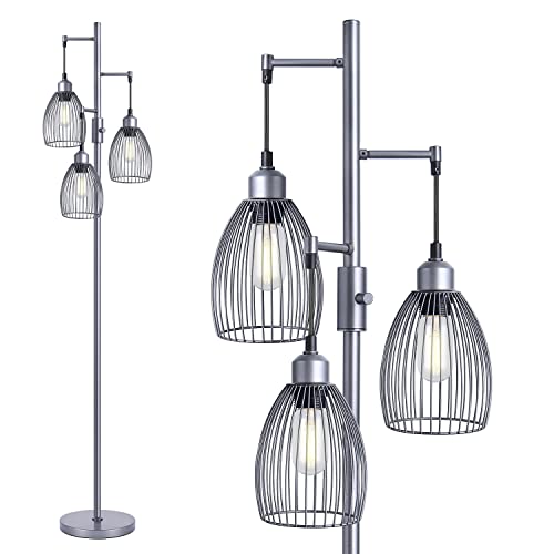 Dimmable Floor Lamp, Farmhouse Modern Floor Lamps for Living Room, Standing Lamp Tall Lamps with 3 Elegant Teardrop Cage Heads & 800 Lumens LED Bulbs for Living Room Reading Bedroom Office - Grey Dimmable Floor Lamp, Farmhouse Modern Floor Lamps for Living Room, Standing Lamp Tall Lamps with 3 Elegant Teardrop Cage Heads & 800 Lumens LED Bulbs for Living Room Reading Bedroom Office - Grey