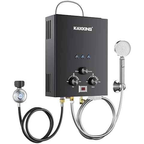 Tankless Water Heater 6L, KOXKING 1.58 GPM Portable Propane Hot Water Heater with Handle & Overheating Protection, Outdoor Instant Hot Shower for Camping & RV – Black Cover